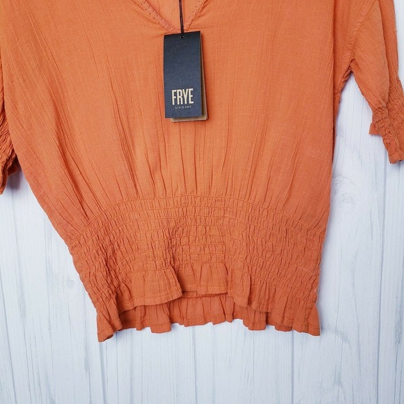 Frye Womens Top Size XS Split Neck Smocked Waist Short Sleeves in Orange Rust - Picture 9 of 12